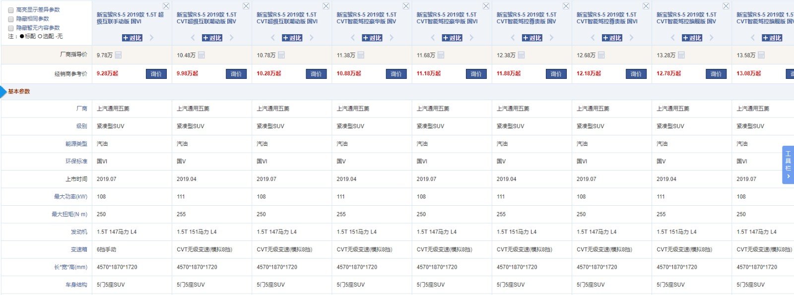 宝骏rs5价格和参数？