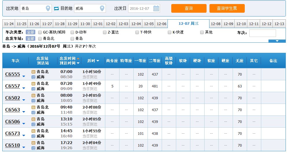 青岛到威海高铁时刻表