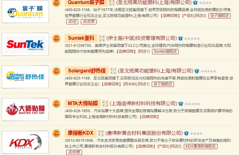 求汽车太阳膜品牌排行榜。