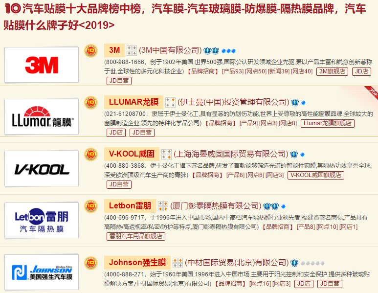 求汽车太阳膜品牌排行榜。
