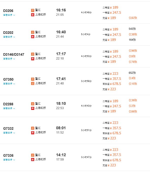 敖江到上海虹桥火车站的高铁票