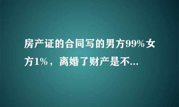 房产证的合同写的男方99%女方1%，离婚了财产是不是按照合同上的分