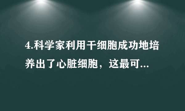4.科学家利用干细胞成功地培养出了心脏细胞，这最可能是（   ）     A. 干细胞分裂的结果         B. 干细胞生长的结果         C. 干细胞分化的结果         D. 干细胞成熟的结果