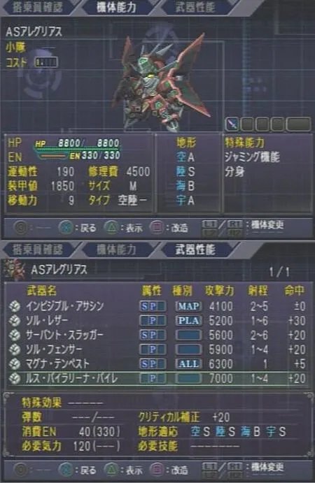 《第三次超级机器人大战α》主角最终能力图