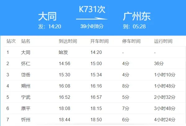 k731次列车时刻表