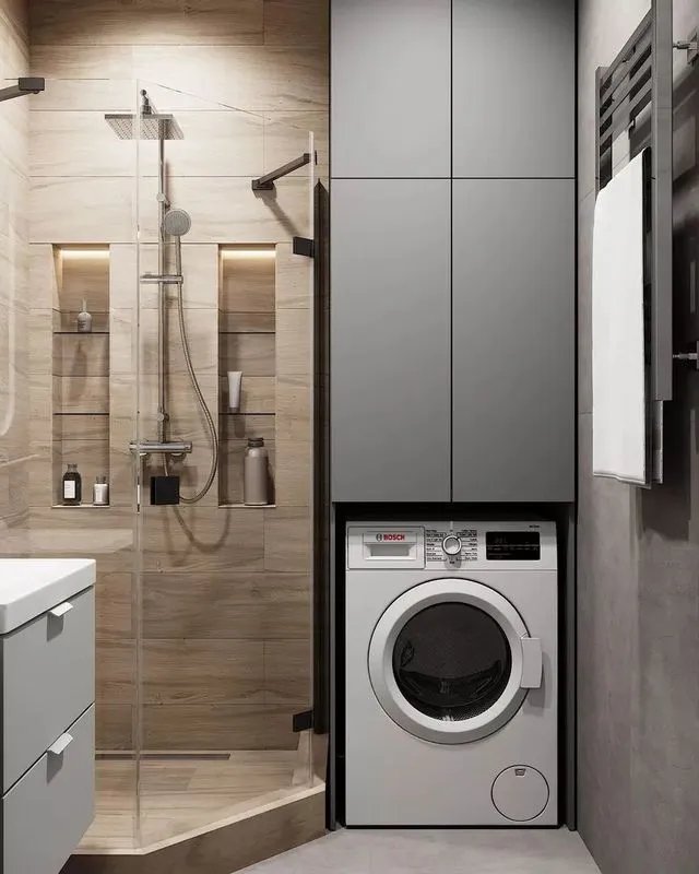 把洗衣机塞到洗手台下方，美观又实用，邻居看了也悄悄回家照着装！