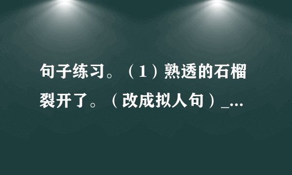句子练习。（1）熟透的石榴裂开了。（改成拟人句）___（2）我们要学习书本上的知识。我们要勤查生活中的“无字词典”。（用关联词把两句话合成一句）___（3）大家的眼睛都集中在舞台上。（修改病句）___