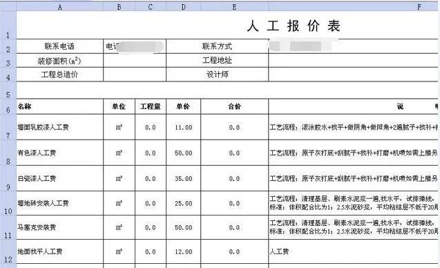装修价格明细表 家装三大项报价明细